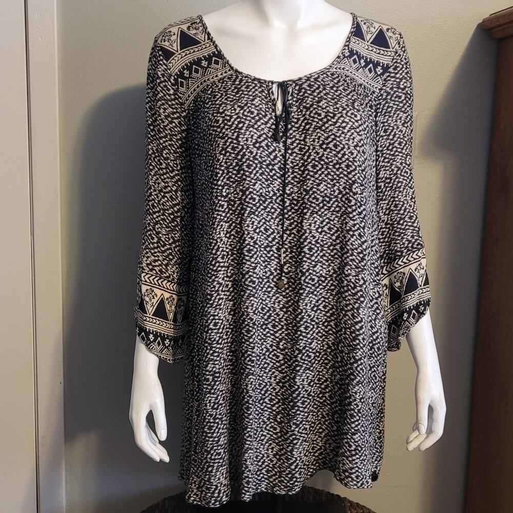 Billabong Boho Tunic Dress Black White Resort Beachy Crochet Trim M